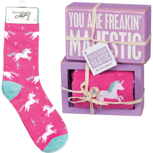 You Are Freakin' Majestic Unicorn Box Sign And Socks Giftable Set |